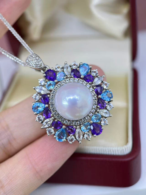13-14mm White Freshwater Pearls & Colorful CZ Halo Pendant Necklace